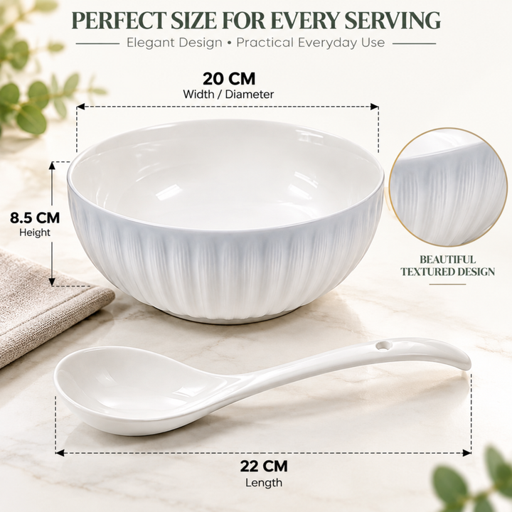 White Ceramic Serving Bowl with Spoon, 20cm Deep Textured Bowl for Soup, Curries, Salads, Desserts & Everyday Food Serving
