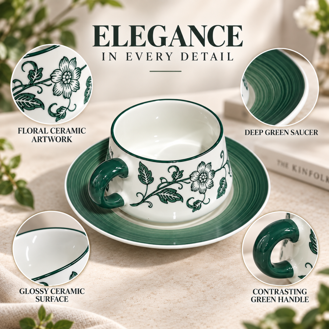 12 Piece Ceramic Cup and Saucer Set, 6 Coffee Tea Cups with 6 Matching Saucers, 220ml White Ceramic Espresso Cappuccino Tea Set for Home Kitchen Office Dining