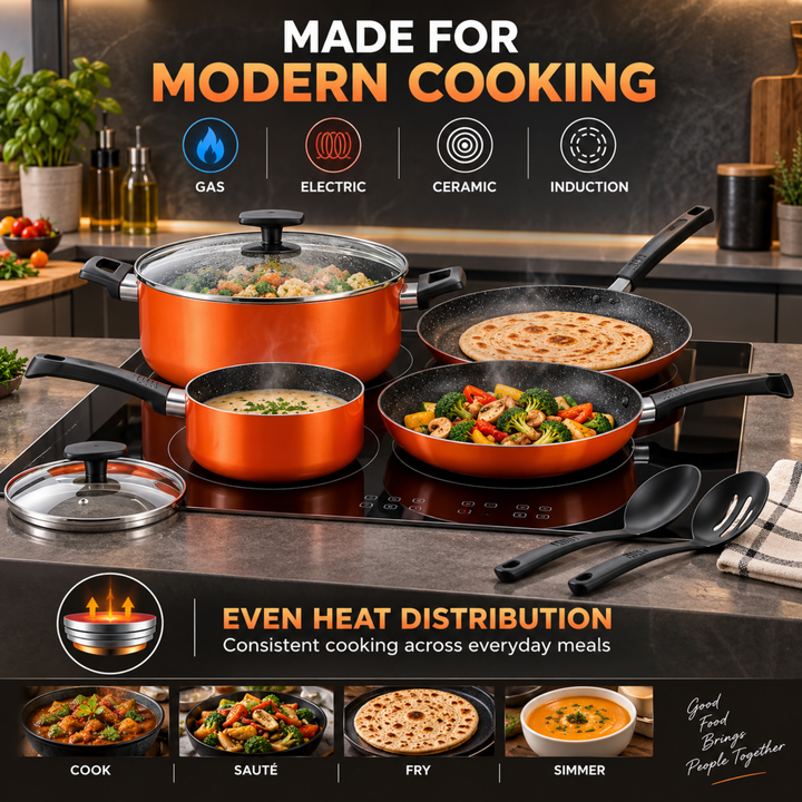 BERGNER ULTRA 8PCS COOKWARE SET, PRESSED ALUMINUM COOKING SET, INDUCTION BOTTOM COOKWARE, MARBLE+ NON-STICK COATING COOKING POTS, SUITABLE FOR ALL STOVES, METALIC ORANGE COLOR