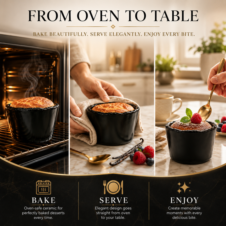 Beram Black Ceramic Soufflé Dish 250ml Ramekin Bowl for Crème Brûlée Custard Pudding & Desserts Oven Safe Microwave Safe Dishwasher Safe Heat Resistant Baking Cup  Soufflé Lava Cake Individual Serving