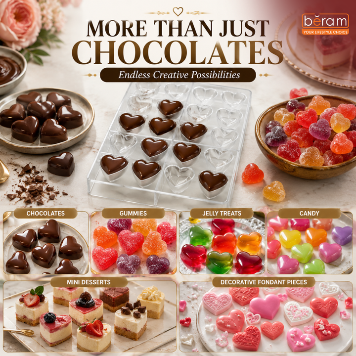 Beram Heart Shape Polycarbonate Chocolate Mold Transparent Durable Food Grade Non Stick Reusable Candy Mould for Making Heart Chocolates Desserts Jelly and Truffles Easy Release Professional Bakeware