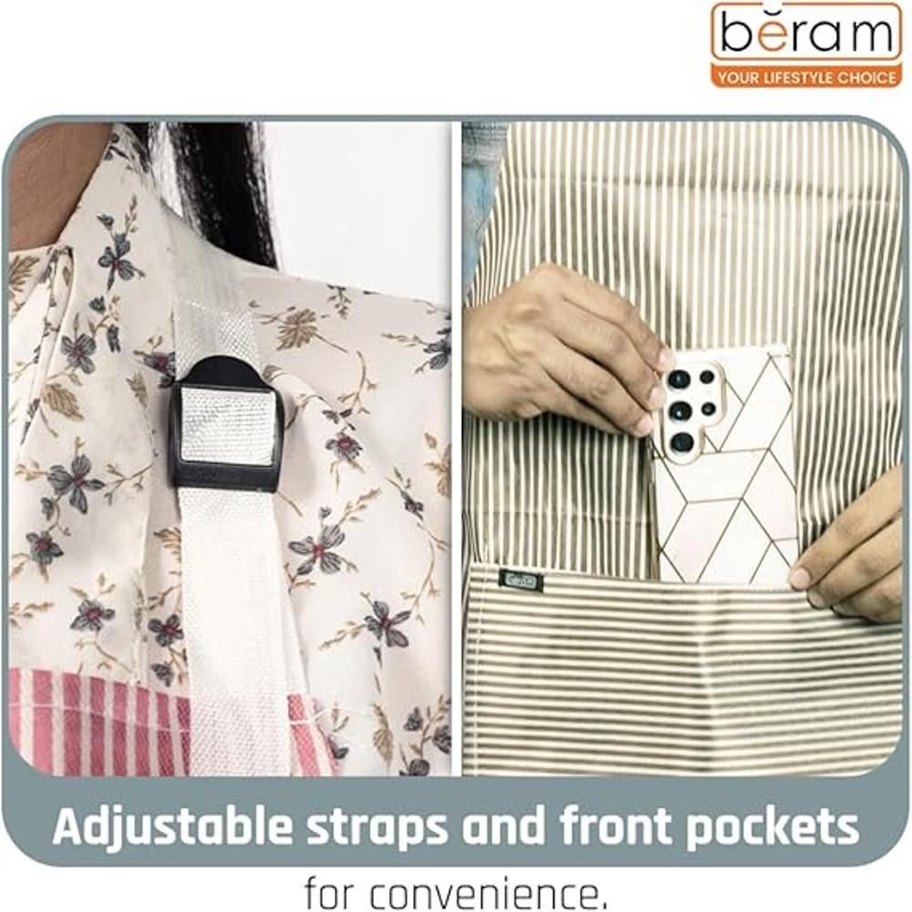BERAM Unisex Bib Apron, Set of 3, Adjustable Kitchen Aprons, Storage Pockets, 2 Side Hand Wipe Coral Velvet Towels, Stitched, Pinstripe, Waterproof Cooking Aprons for Daily Use