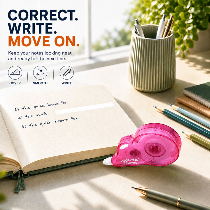 Correction Tape, Quick Dry White-Out Tape Roller, Smooth Writing Correction Tape for School, Office, Notes, Documents, Journaling and Everyday Writing