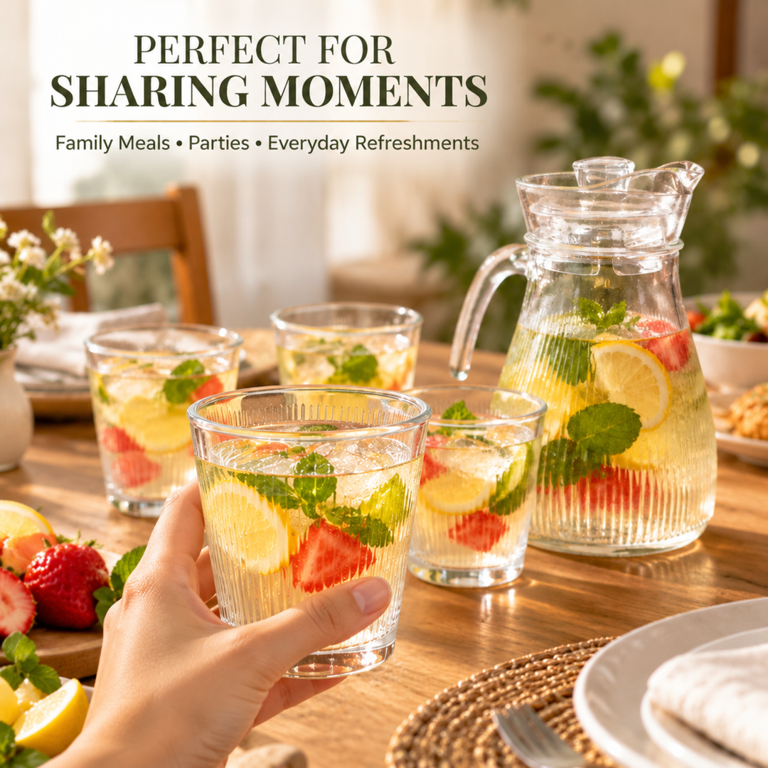 7 Piece Glass Drink Set with Pitcher and 6 Glasses, 11 OZ Drinking Tumblers, Clear Textured Glass Water Juice Beverage Serving Set with Lid, Dishwasher Safe for Home Dining Parties