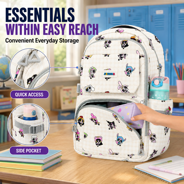 Powerpals School Bag, Lightweight Backpack with Multiple Compartments, Front Utility Pocket, Side Bottle Pockets & Adjustable Shoulder Straps