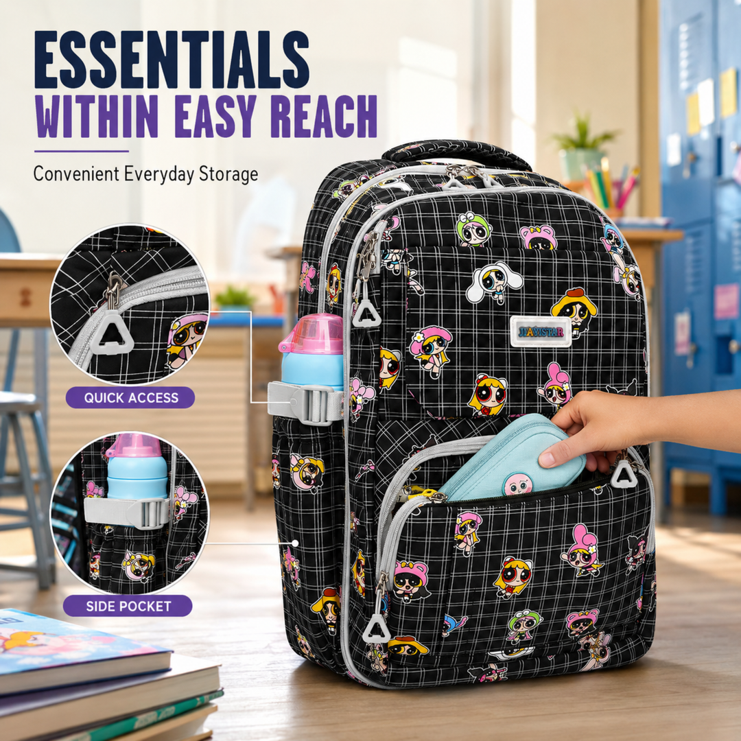 Powerpals School Bag, Lightweight Backpack with Multiple Compartments, Front Utility Pocket, Side Bottle Pockets & Adjustable Shoulder Straps