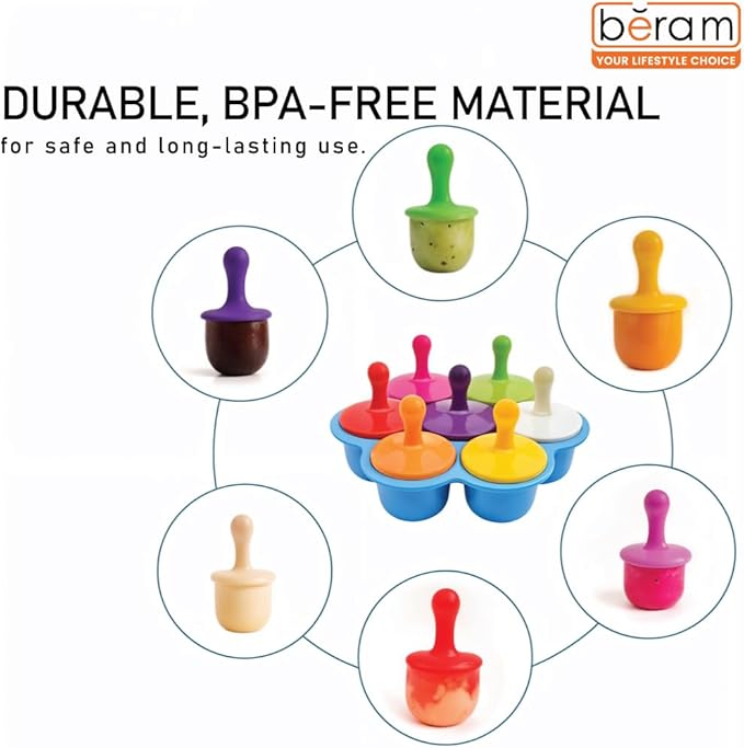 Beram Mini Popsicle Ice Cream Mould Seven Colourful Sticks Healthy Fruit Moulds Pure Silicone Mould with Plastic Sticks Kids Ice Cream DIY Pop Molds BPA Free