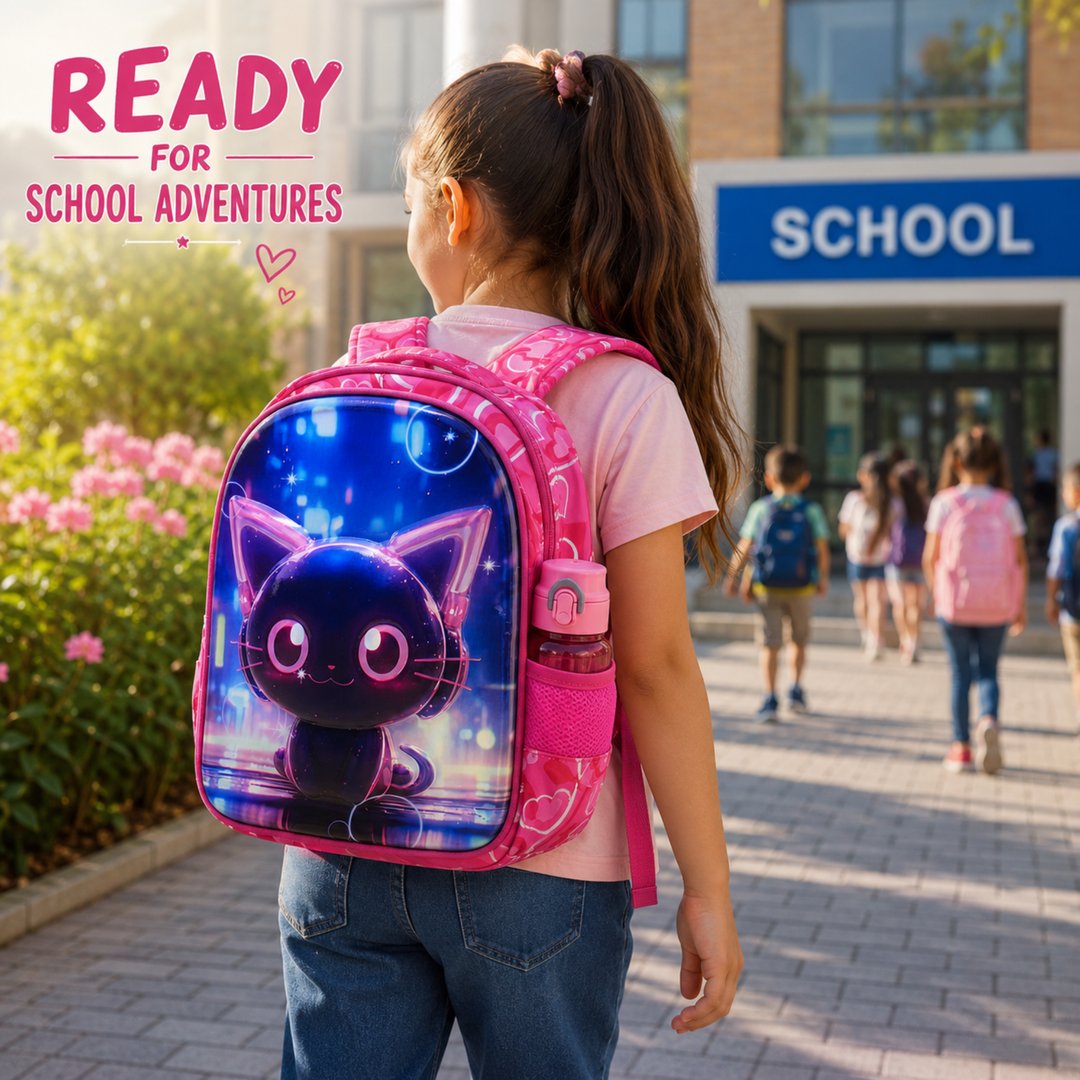 3D-Effect Printed School Backpack – Spacious Multi-Compartment School Bag with Front Zipper Pocket, 2 Side Bottle Pockets, Top Handle, Lightweight Design & Stylish Front Graphic