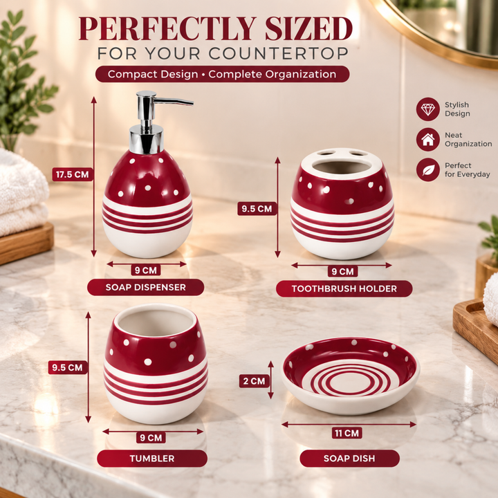 4-Piece Red & White Ceramic Bathroom Accessory Set with Soap Dispenser, Toothbrush Holder, Tumbler & Soap Dish, Polka Dot & Striped Design