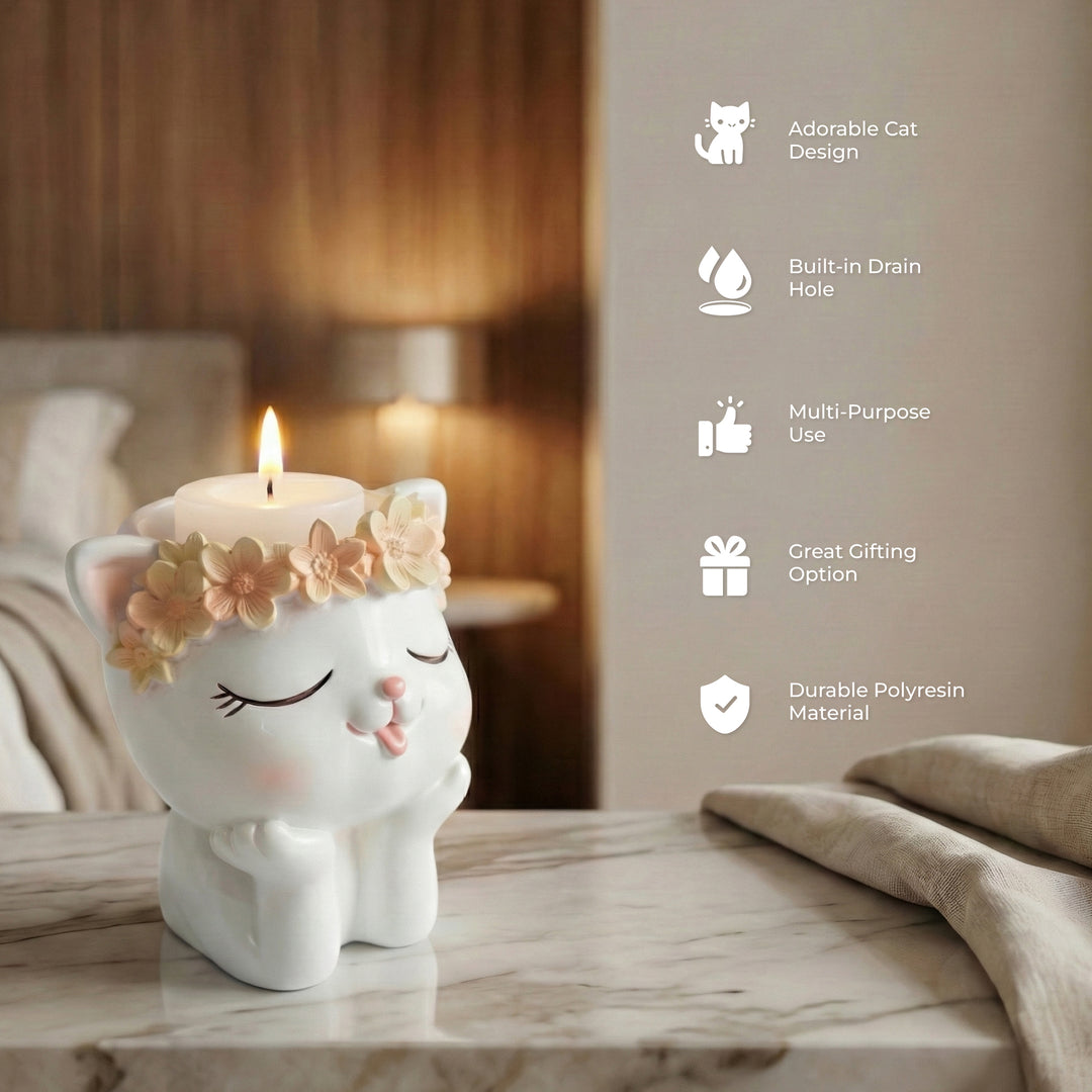 Fantasy 2PCS Flower Pot Set Kitty and Panda Polyresin Cute Animal Succulent Planters with Flower Crown Decorative Mini Vase Indoor Outdoor Home Office Desk Decor Pen Pencil Holder Propagator Kit
