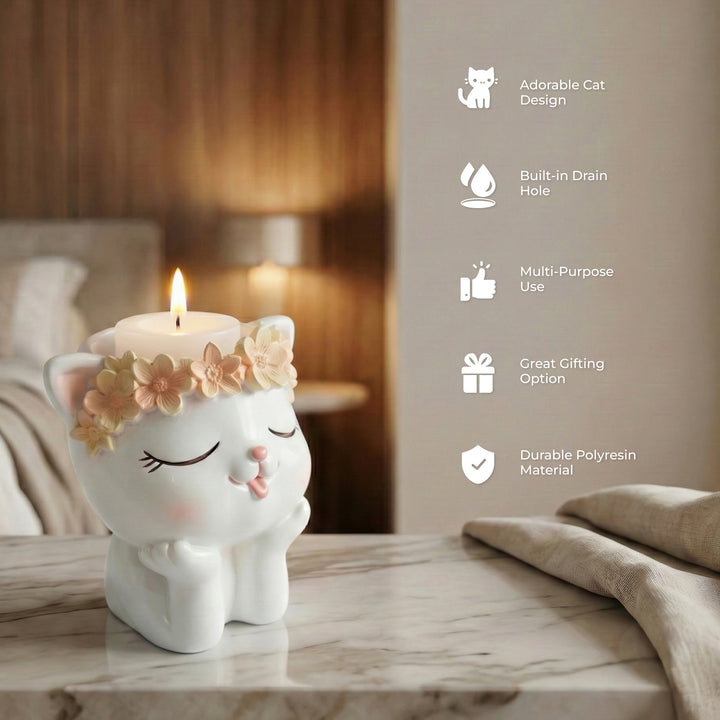 Fantasy 2PCS Flower Pot Set Kitty and Panda Polyresin Cute Animal Succulent Planters with Flower Crown Decorative Mini Vase Indoor Outdoor Home Office Desk Decor Pen Pencil Holder Propagator Kit