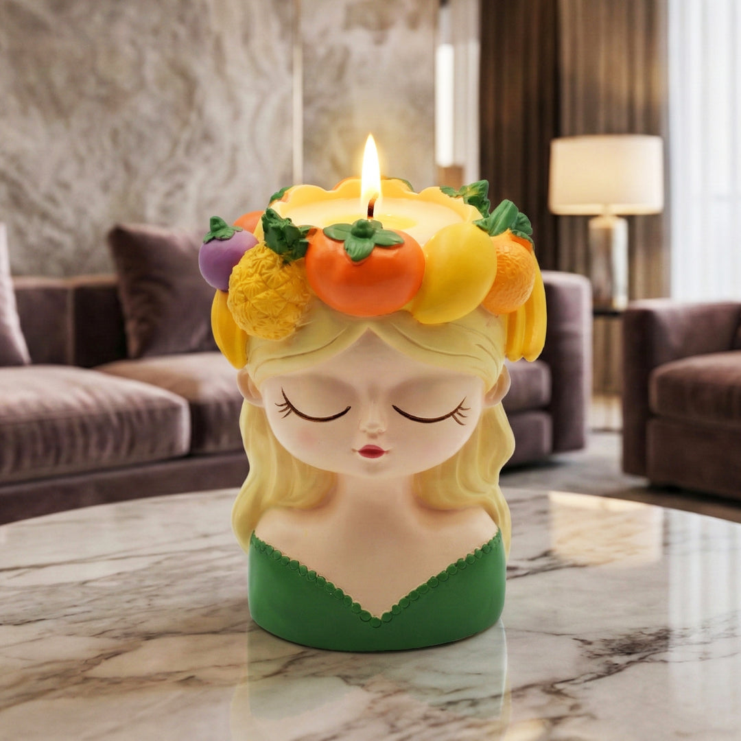 Fancy Girl with Fruit Crown Flower Pot 4 Pcs Set Red Green Pink Yellow Polyresin Decorative Planters for Succulents Indoor Outdoor Home Office Desk Décor Pen Pencil Holder Propagator Kit