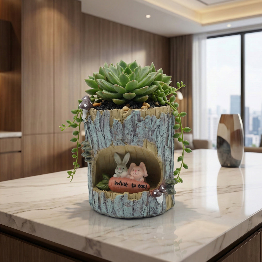 Woodland Animal Planter Set Polyresin Decorative Flower Vase Cute Squirrel Bunny and Bear Succulent Pots Tree Trunk Design Indoor Outdoor Home Garden Decor Pen Pencil Holder Gift Epoxy Coated Finishing