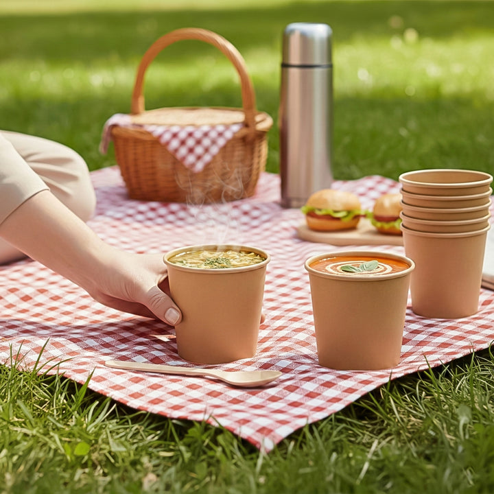 Earth Esssentials Disposable Paper Kraft Soup Cups Pack of 50 Heavy Duty Leakproof Soup Containers for Coffee Tea and Hot Drinks Eco Friendly BPA Free Disposable Bowls for Takeaway and Catering