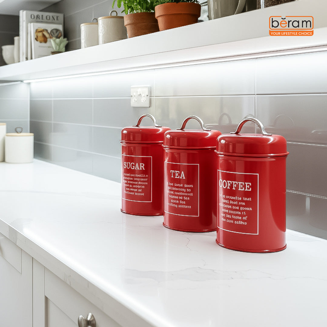 BERAM Metal Tea Coffee Sugar Container Set with Bamboo Lid Airtight Kitchen Storage Jars for Home and Kitchen Tea Box and Coffee Beans Container Set Modern Home Improvement Canisters