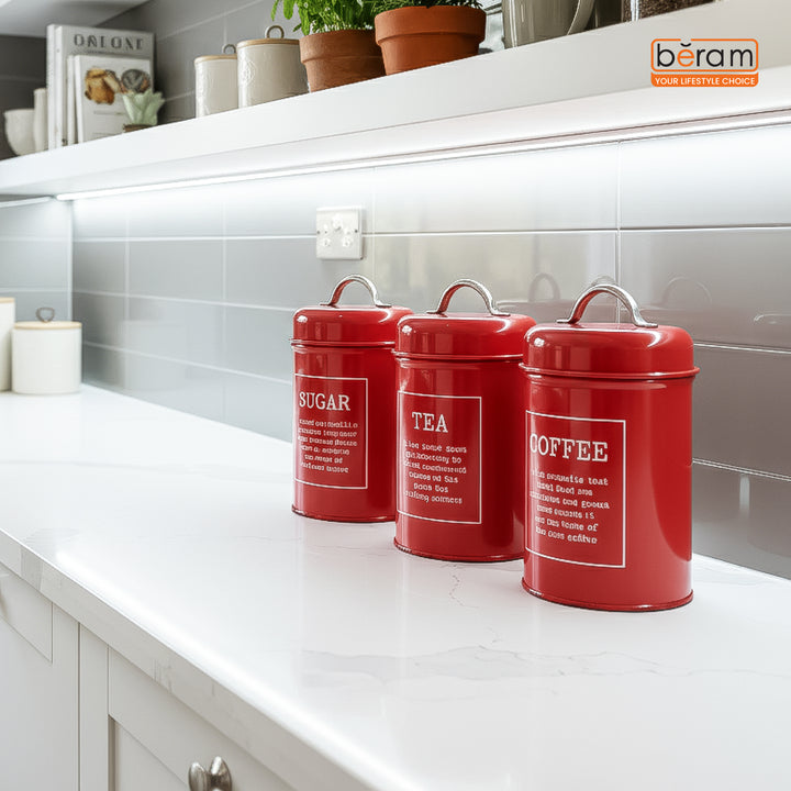 BERAM Metal Tea Coffee Sugar Container Set with Bamboo Lid Airtight Kitchen Storage Jars for Home and Kitchen Tea Box and Coffee Beans Container Set Modern Home Improvement Canisters