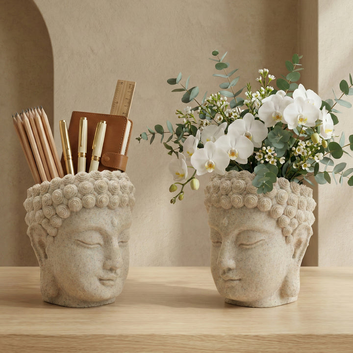 Beram Buddha Decorative Flower Pot Polyresin Peaceful Monk Planter Statue Resin Vase for Succulents Indoor Outdoor Home Office Meditation Décor Pen Pencil Holder Propagator Kit