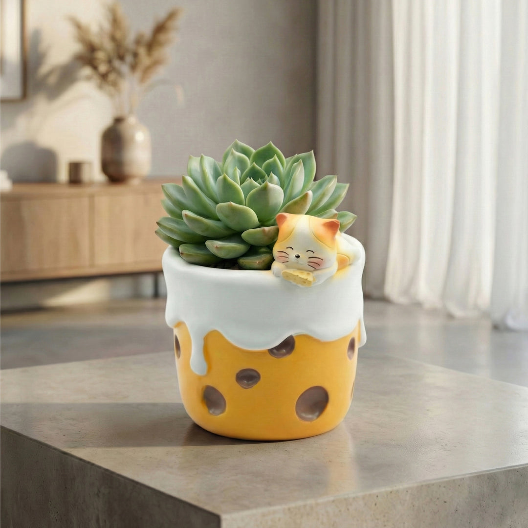 Spring Bunny and Cheese Tiger Planter Set Polyresin Decorative Flower Pots Cute Animal Succulent Holders with Drainage Hole Indoor Outdoor Home Office Desk Decor Pen Pencil Holder Propagator Kit Gift