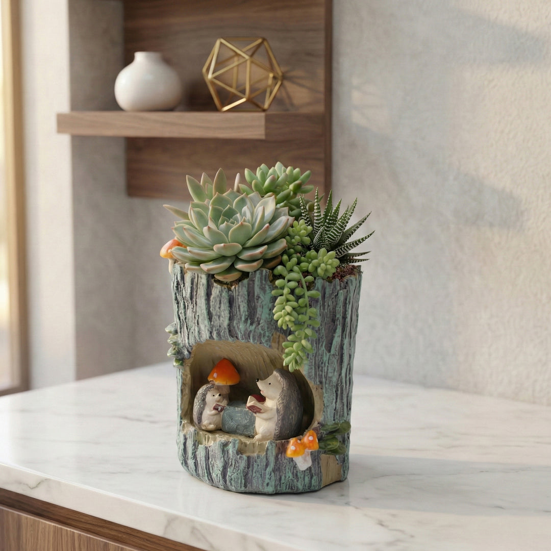 Woodland Animal Planter Set Polyresin Decorative Flower Vase Cute Squirrel Bunny and Bear Succulent Pots Tree Trunk Design Indoor Outdoor Home Garden Decor Pen Pencil Holder Gift Epoxy Coated Finishing