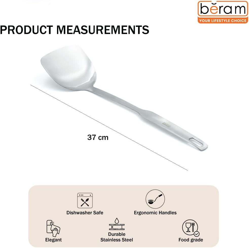 BERAM Stainless Steel Spatula, Cooking Utensil, Flat Handle Kitchen Tool, 304 Stainless Steel, 100% Food Grade, Compact, Lightweight, Elegant Design, Silver