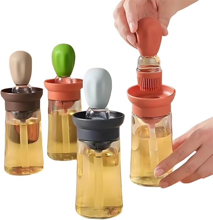 BERAM Oil Dispenser Bottle with Brush Set of 4 for Barbecue Vinegar or Sauce Glass Container with Silicone Baster for Kitchen Baking Air Fryer 2 in 1 Leakproof Non Drip Cooking Tool
