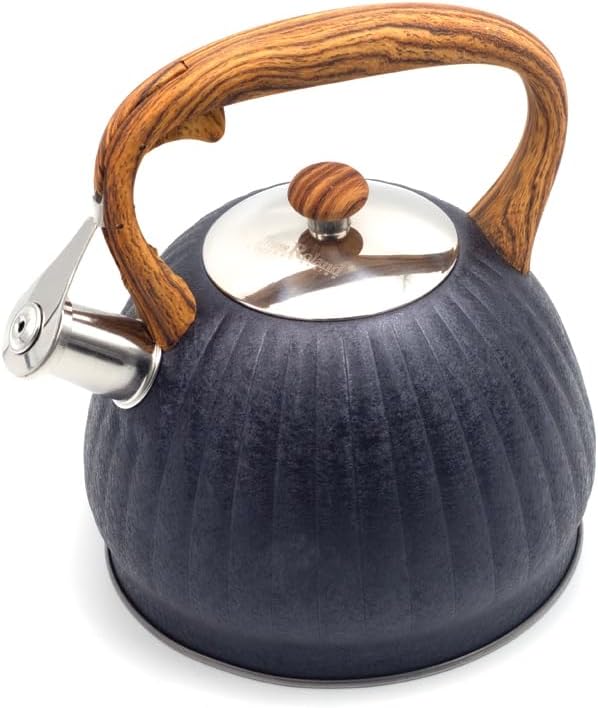 Haus Roland Whistling Kettle, Wooden Handles with Stripes, Stovetop Tea Kettle, Stainless Teapot, 3 Liters, Fast Boiling, Perfect for Homes, Picnics, and Parties