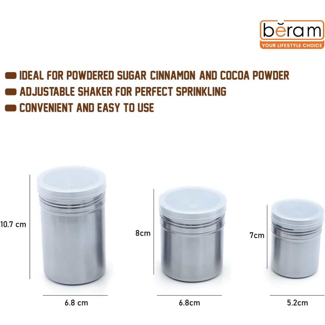 BERAM Sugar Shakers Stainless Steel Powder Shakers 3 Piece Set Seasoning Canisters with Lids Dry Food Storage Containers Cake Flour Sieve Dry Ingredients Sprinkler Kitchen Essentials