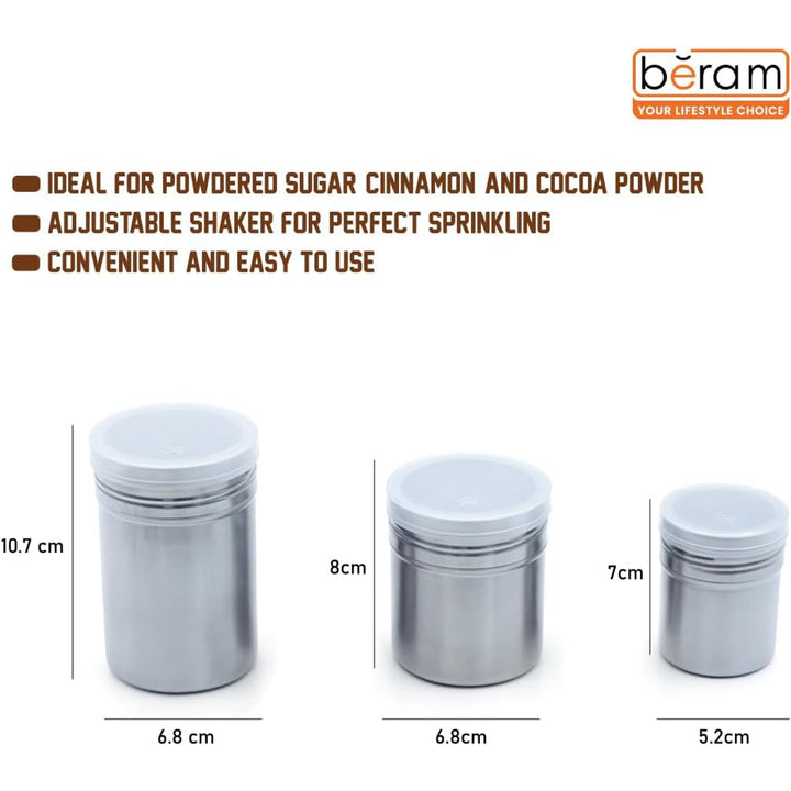 BERAM Sugar Shakers Stainless Steel Powder Shakers 3 Piece Set Seasoning Canisters with Lids Dry Food Storage Containers Cake Flour Sieve Dry Ingredients Sprinkler Kitchen Essentials