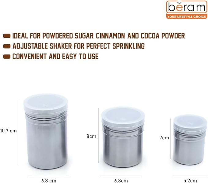 BERAM Sugar Shakers Stainless Steel Powder Shakers 3 Piece Set Seasoning Canisters with Lids Dry Food Storage Containers Cake Flour Sieve Dry Ingredients Sprinkler Kitchen Essentials