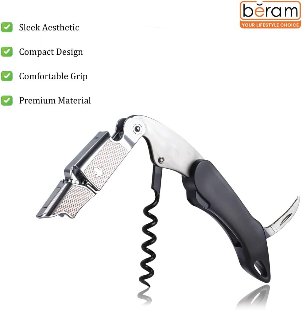 BERAM Multifunctional Opener, Waiters Corkscrew, Heavy Duty Stainless Steel Hinges, Bottle, Cork, Key Openers for Restaurant Waiters, Sommelier, Bartenders, Black