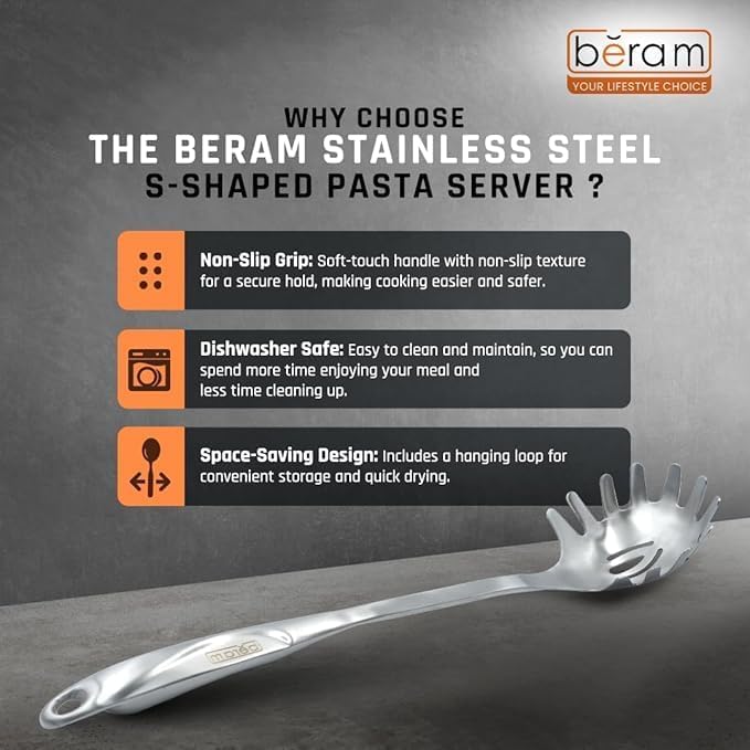 BERAM Cooking Utensils Set S-Shaped 304 Stainless Steel Silverware Cookware Set Includes Spatula Skimmer Soup Ladle Turner Pasta Server Rice Scoop with Multipurpose Stand