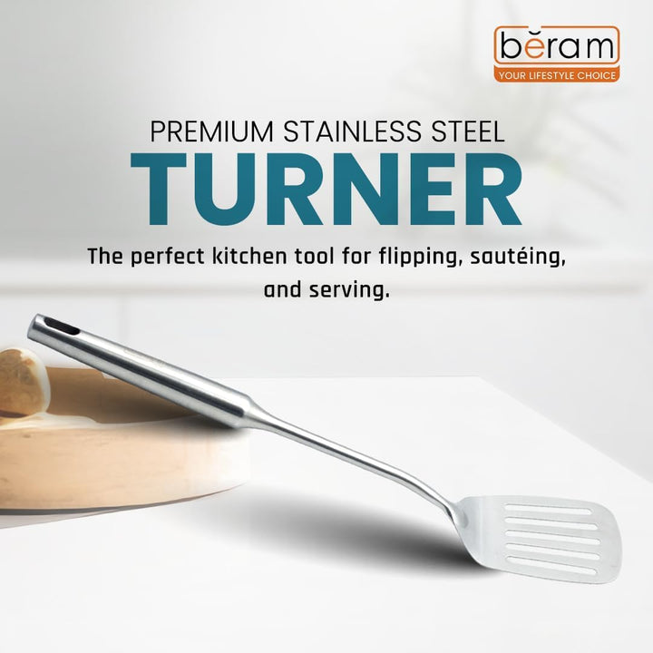 BERAM Stainless Steel Plain Handle Cooking Set, 304 Utensils Set of 6 with Stand – Pasta Server, Rice Scoop, Turner, Spatula, Soup Ladle, Skimmer – Kitchen Tools for Daily Use