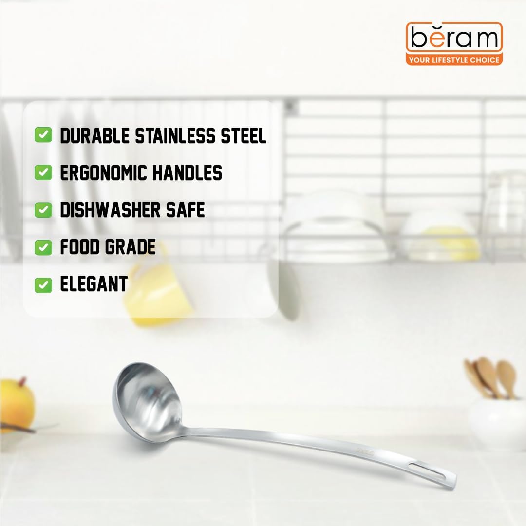 BERAM Soup Ladle Stainless Steel Soup Spoon Kitchen Tool Long Handle Chef Utensils Cooking Utensil Serving Spoon Food Grade Non-Deformable Compact Lightweight