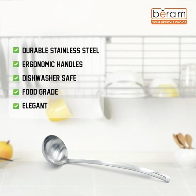 BERAM Soup Ladle Stainless Steel Soup Spoon Kitchen Tool Long Handle Chef Utensils Cooking Utensil Serving Spoon Food Grade Non-Deformable Compact Lightweight (6 CM)