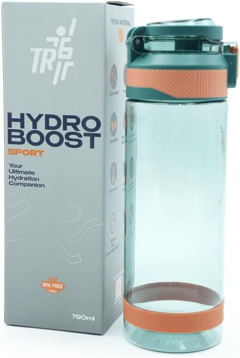 TR6 Hydra Boost Sport Clear Gym Bottle Leak Proof BPA Free Flip Lock Lid Carry Holder Lightweight for Gym Office Travel Hydration Tracker with Markings 790ml 790 ml