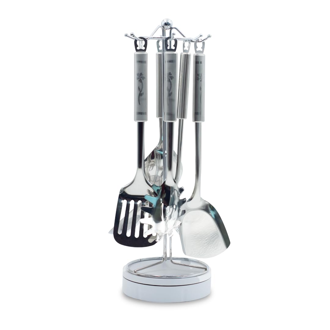 BERAM Stainless Steel Cooking Utensils Set 6 Pieces Four Leaf Design Handles Spatula Turner Rice Scoop Pasta Server Skimmer Soup Ladle Kitchen Tools for Daily Use