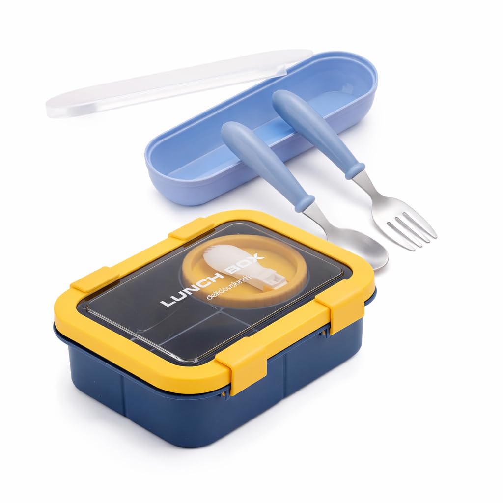Beram Kids Cutlery & Bento Lunch Box Set Blue 1250ml Leakproof Single Layer Tiffin Box with Divided Sections BPA-Free PP Plastic & Silicone Lunch Container with Spoon & Fork