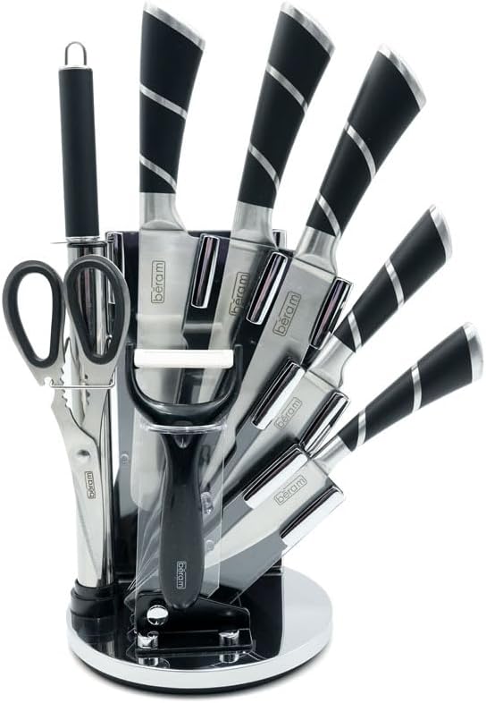 Beram 9 Pieces Kitchen Knife Sets Spinning Magnetic Block High Carbon Stainless Steel Blades Knife Non-stick Non-slip For Everyday Use and Includes Knife Sharpener and Scissors