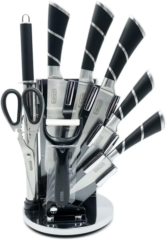 Beram 9 Pieces Kitchen Knife Sets Spinning Magnetic Block High Carbon Stainless Steel Blades Knife Non-stick Non-slip For Everyday Use and Includes Knife Sharpener and Scissors