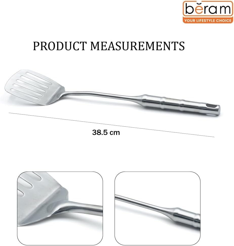 BERAM Cooking Utensils Set 304 Stainless Steel 6 Pieces Soup Spoon Spatula Slotted Turner Rice Scoop Pasta Server Skimmer Food Grade Kitchen Tools with Bamboo Shaped Handles