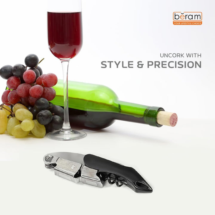 BERAM Multifunctional Opener, Waiters Corkscrew, Heavy Duty Stainless Steel Hinges, Bottle, Cork, Key Openers for Restaurant Waiters, Sommelier, Bartenders, Black