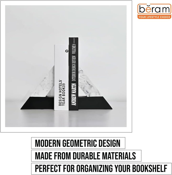 BERAM Triangle Geometric Bookends, Art Sculpture, Modern Home Decor, Premium Gift Decorations, Abstract Indoor Shelf Organizers, Office, Living Room, Book Shelf Pieces, Black & White
