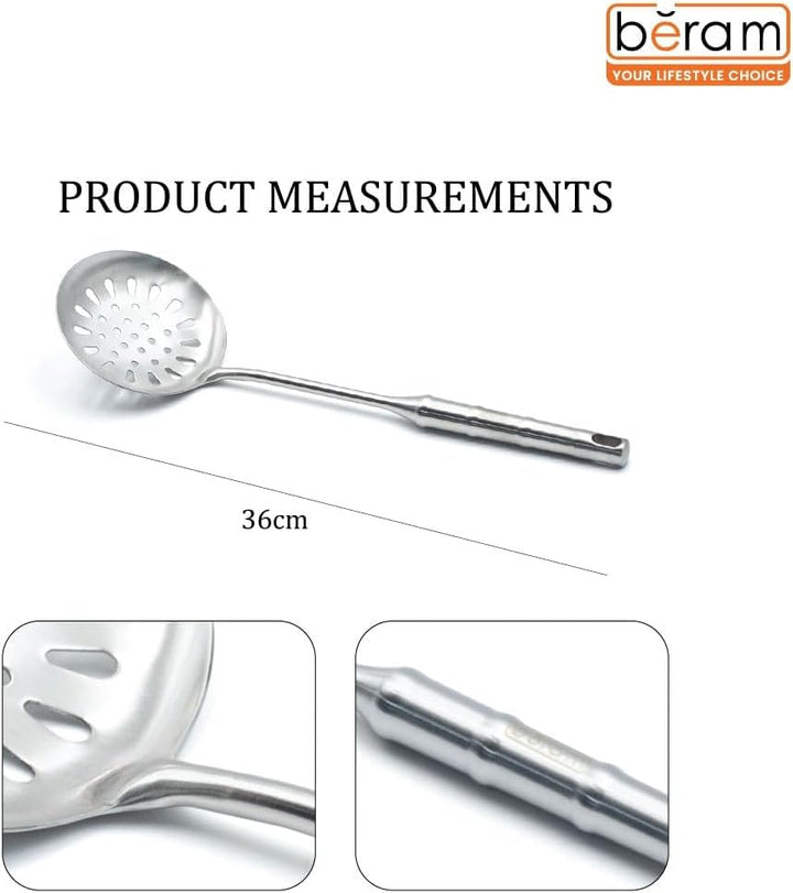 BERAM Cooking Utensils Set 304 Stainless Steel 6 Pieces Soup Spoon Spatula Slotted Turner Rice Scoop Pasta Server Skimmer Food Grade Kitchen Tools with Bamboo Shaped Handles