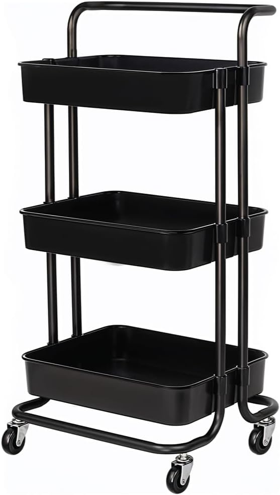BERAM 3-Tier Metal Storage Rack with Handle & Smooth-Rolling Wheels Heavy-Duty 3-Basket Shelves Organizer for Kitchen Bathroom Pantry and Home Storage Durable Space-Saving Black