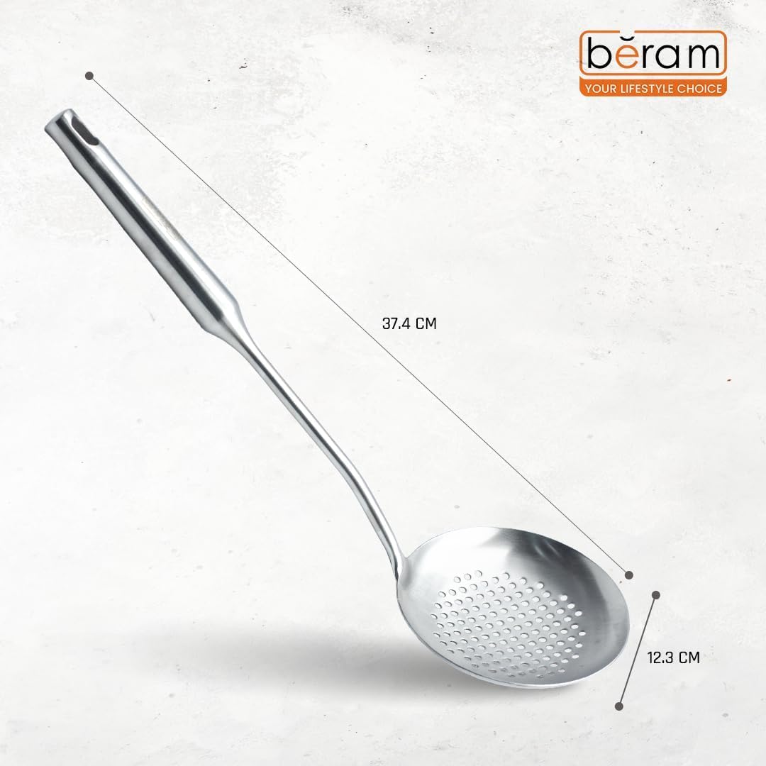 BERAM Stainless Steel Plain Handle Cooking Set, 304 Utensils Set of 6 with Stand – Pasta Server, Rice Scoop, Turner, Spatula, Soup Ladle, Skimmer – Kitchen Tools for Daily Use