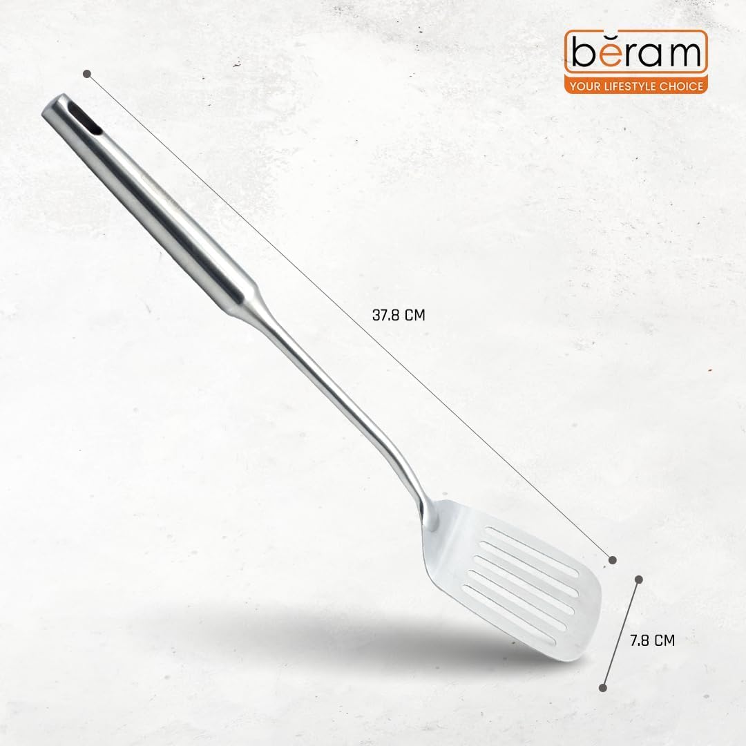 BERAM Stainless Steel Plain Handle Cooking Set, 304 Utensils Set of 6 with Stand – Pasta Server, Rice Scoop, Turner, Spatula, Soup Ladle, Skimmer – Kitchen Tools for Daily Use