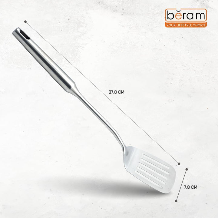 BERAM Stainless Steel Plain Handle Cooking Set, 304 Utensils Set of 6 with Stand – Pasta Server, Rice Scoop, Turner, Spatula, Soup Ladle, Skimmer – Kitchen Tools for Daily Use