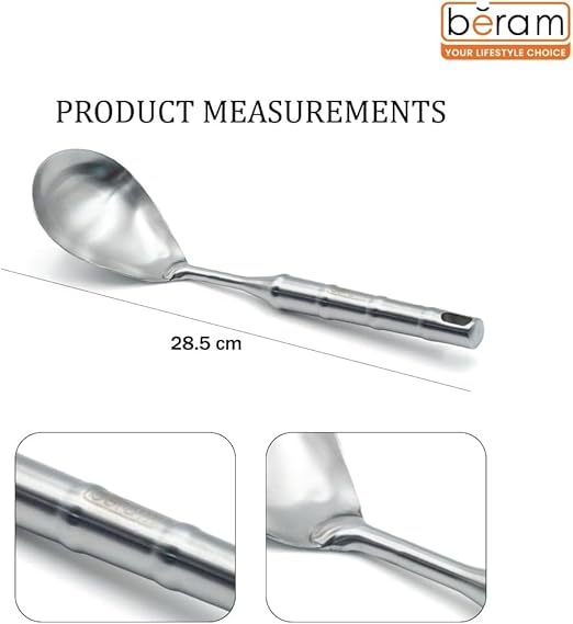 BERAM Cooking Utensils Set 304 Stainless Steel 6 Pieces Soup Spoon Spatula Slotted Turner Rice Scoop Pasta Server Skimmer Food Grade Kitchen Tools with Bamboo Shaped Handles
