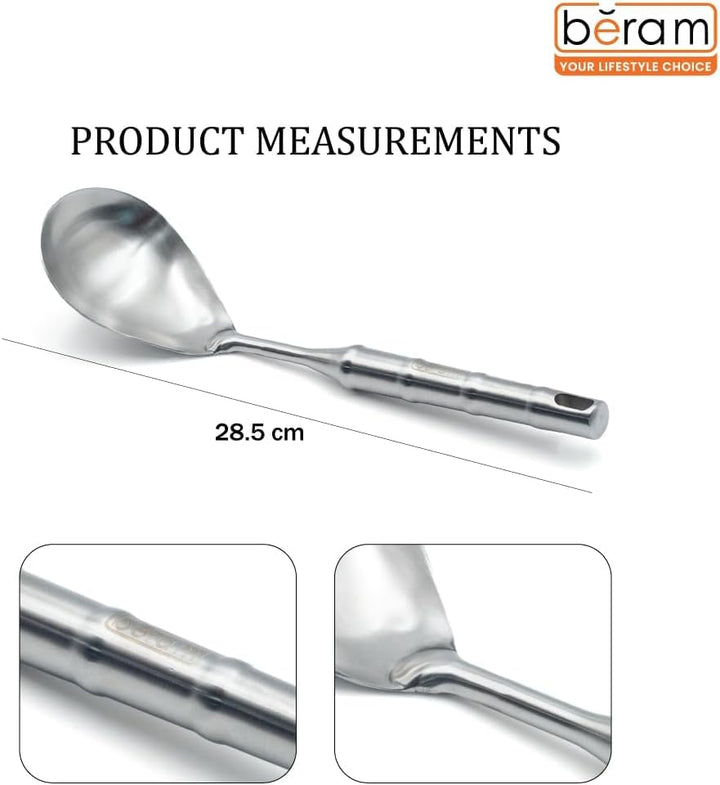 BERAM Cooking Utensils Set 304 Stainless Steel 6 Pieces Soup Spoon Spatula Slotted Turner Rice Scoop Pasta Server Skimmer Food Grade Kitchen Tools with Bamboo Shaped Handles