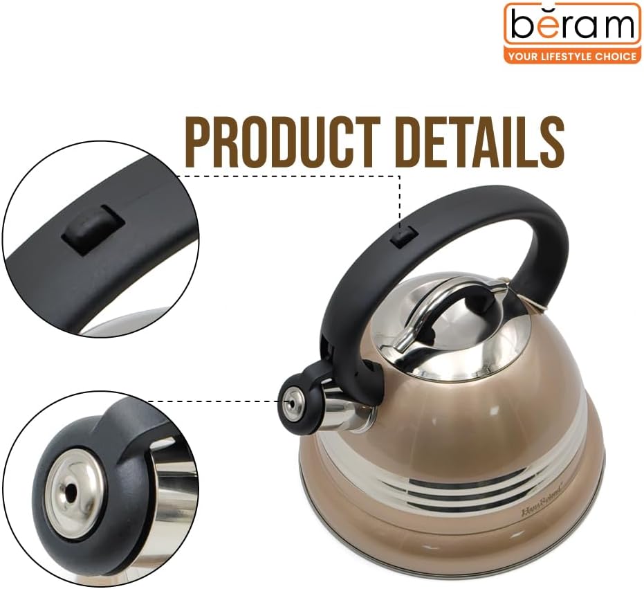 Haus Roland Stainless Steel Tea Kettle, 3 Litres, Whistling Teapot, Stove Top, Stone Finish, Anti-Hot Handle, Anti-Rust, Loud Whistle, Fast Boiling Kitchen Utensil
